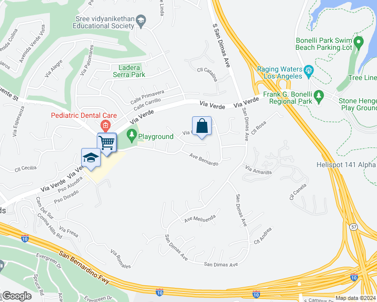map of restaurants, bars, coffee shops, grocery stores, and more near 855 Avenue Bernardo in San Dimas