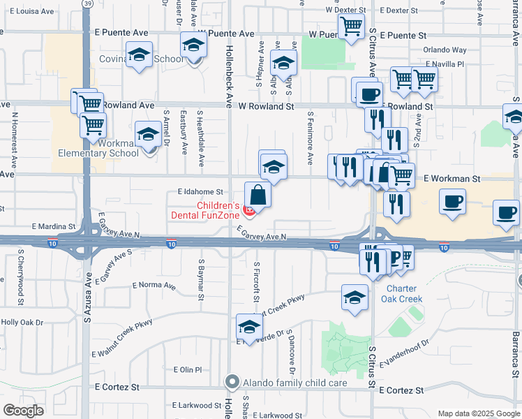 map of restaurants, bars, coffee shops, grocery stores, and more near 416 West Shamwood Street in Covina