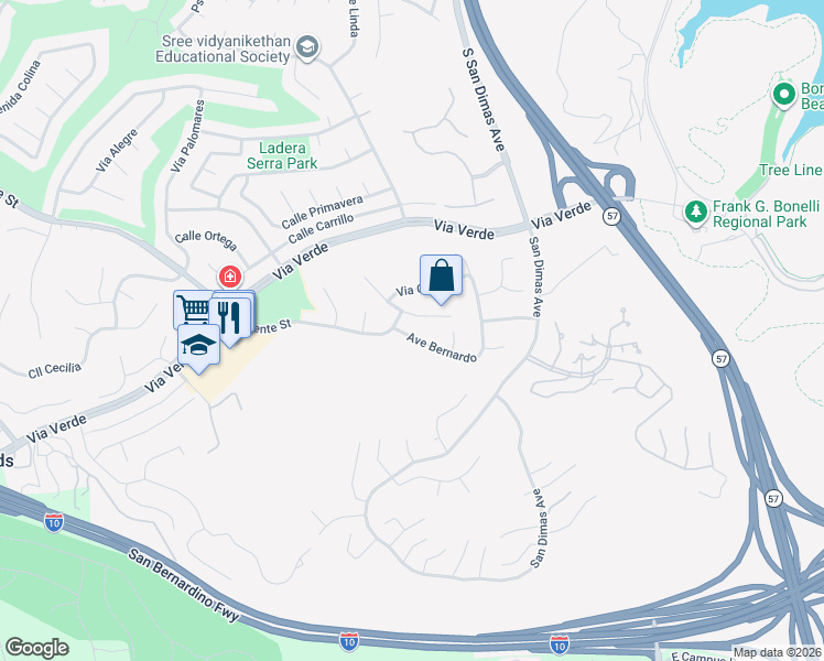 map of restaurants, bars, coffee shops, grocery stores, and more near 900 Puente Street in San Dimas