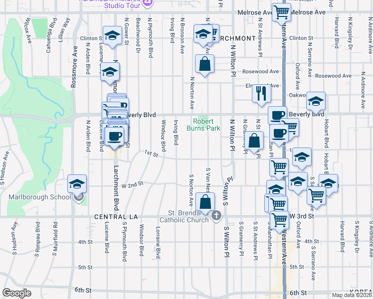 map of restaurants, bars, coffee shops, grocery stores, and more near 123 North Norton Avenue in Los Angeles