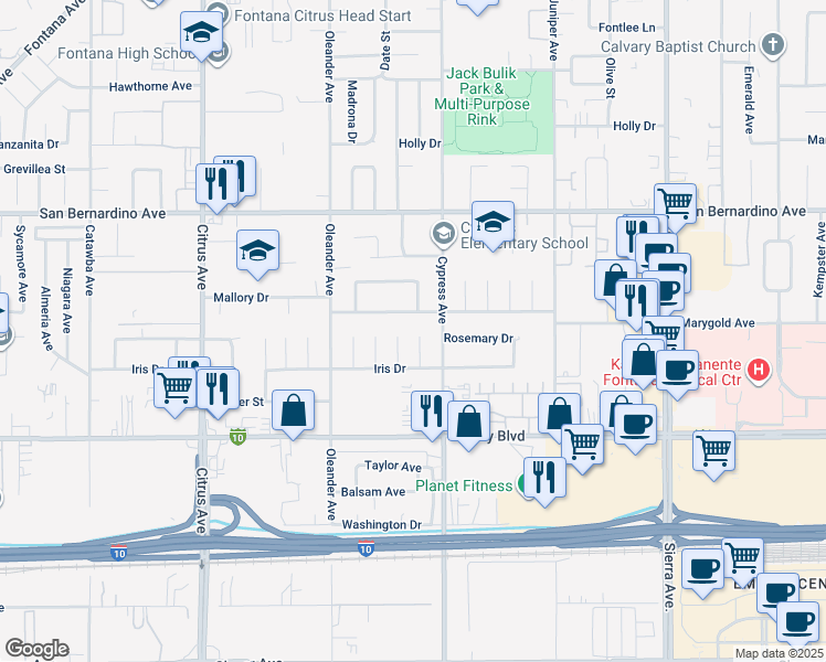 map of restaurants, bars, coffee shops, grocery stores, and more near 9916 Toyon Avenue in Fontana