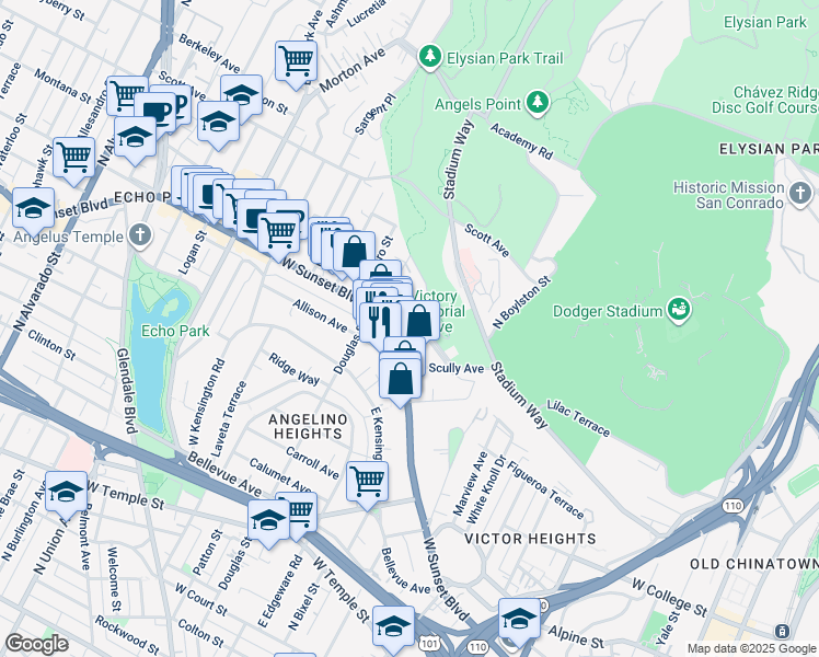 map of restaurants, bars, coffee shops, grocery stores, and more near 1309 West Lilac Terrace in Los Angeles