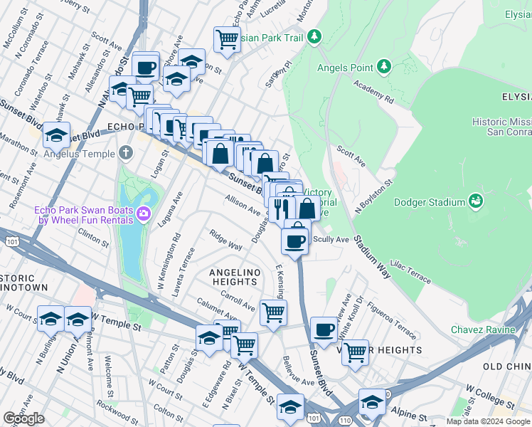map of restaurants, bars, coffee shops, grocery stores, and more near 1201 Douglas Street in Los Angeles