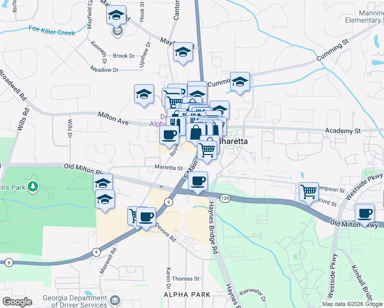 map of restaurants, bars, coffee shops, grocery stores, and more near 69 South Main Street in Alpharetta