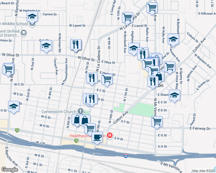 map of restaurants, bars, coffee shops, grocery stores, and more near 854 North 9th Street in Colton
