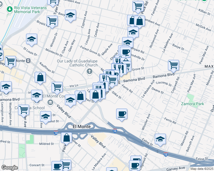 map of restaurants, bars, coffee shops, grocery stores, and more near 11520 Ramona Boulevard in El Monte