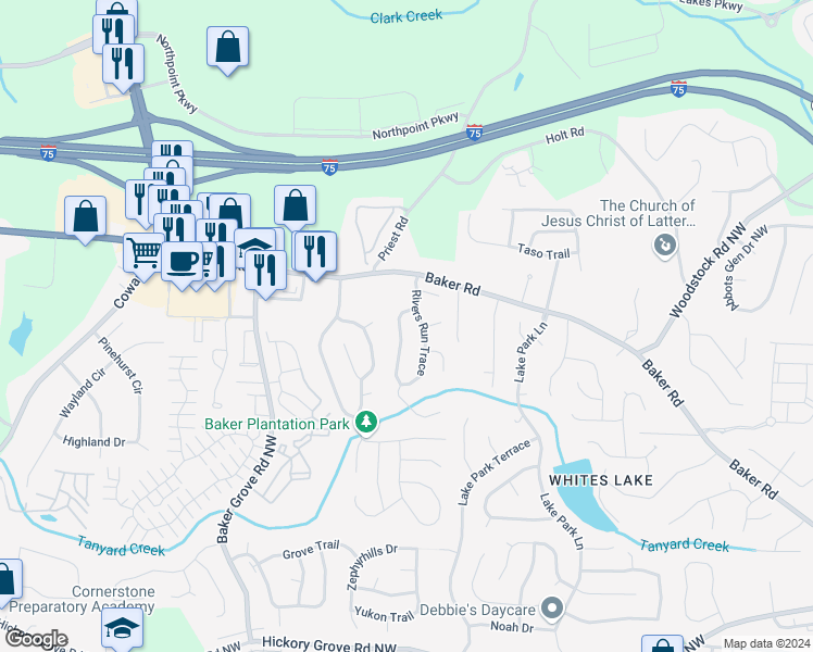 map of restaurants, bars, coffee shops, grocery stores, and more near 3817 Rivers Run Trace in Acworth