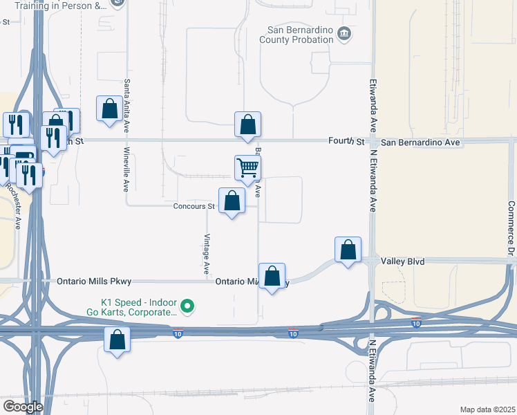 map of restaurants, bars, coffee shops, grocery stores, and more near 800 Barrington Avenue in Ontario
