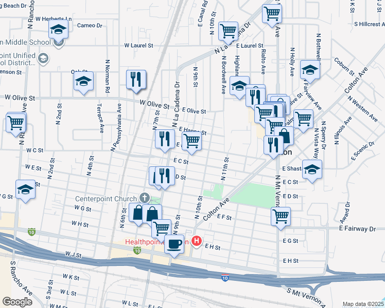 map of restaurants, bars, coffee shops, grocery stores, and more near 854 North 9th Street in Colton