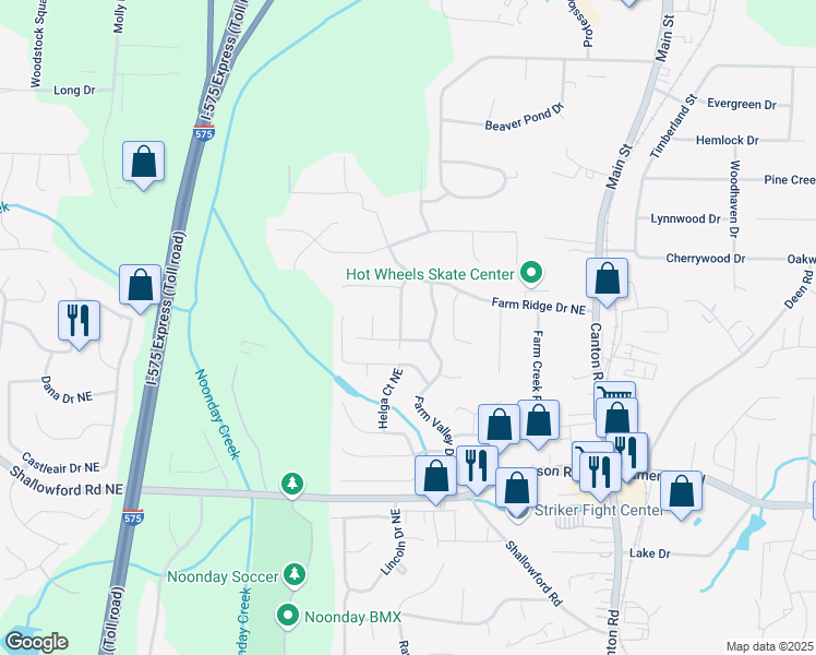 map of restaurants, bars, coffee shops, grocery stores, and more near 5126 Farm Place Drive Northeast in Woodstock