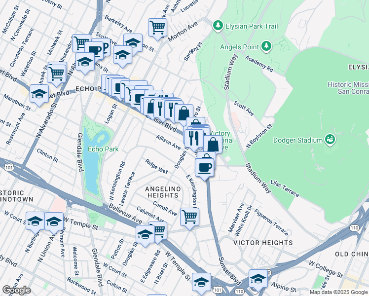 map of restaurants, bars, coffee shops, grocery stores, and more near 1201 Douglas Street in Los Angeles