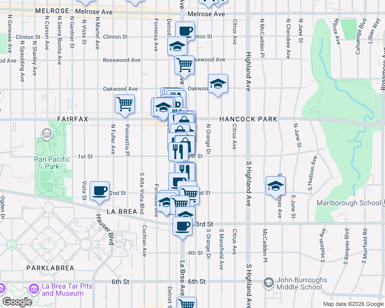 map of restaurants, bars, coffee shops, grocery stores, and more near 114 1/2 North Sycamore Avenue in Los Angeles