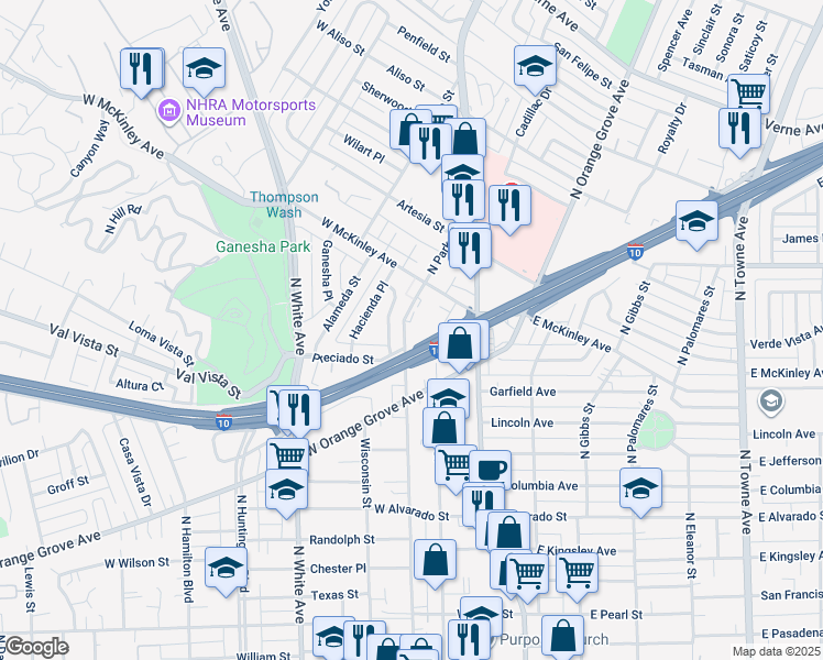 map of restaurants, bars, coffee shops, grocery stores, and more near 1478 North Park Avenue in Pomona