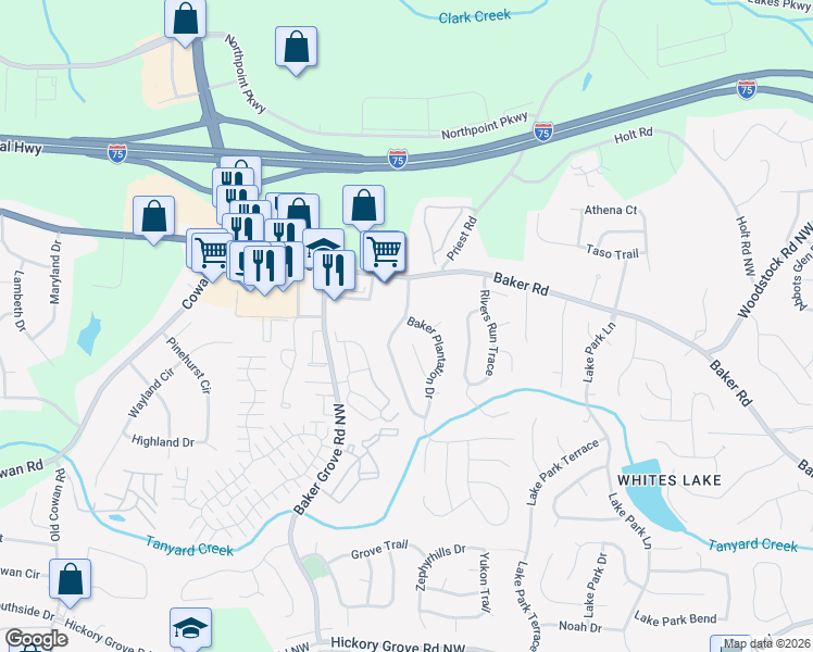 map of restaurants, bars, coffee shops, grocery stores, and more near 4837 Baker Plantation Drive in Acworth
