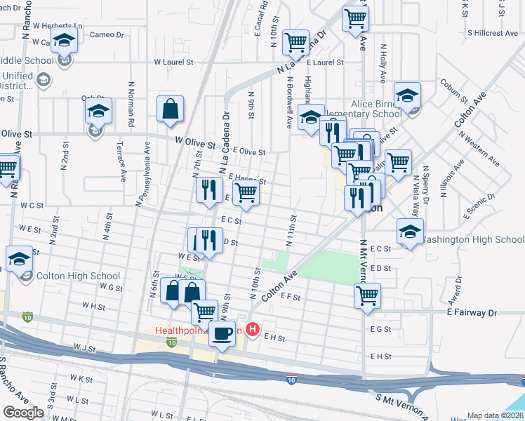 map of restaurants, bars, coffee shops, grocery stores, and more near 888 North 10th Street in Colton