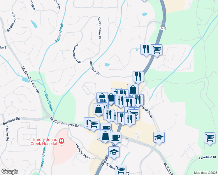 map of restaurants, bars, coffee shops, grocery stores, and more near 4245 Johns Creek Parkway in Suwanee