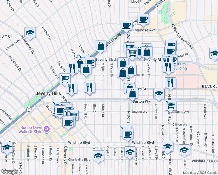 map of restaurants, bars, coffee shops, grocery stores, and more near 333 North Palm Drive in Beverly Hills