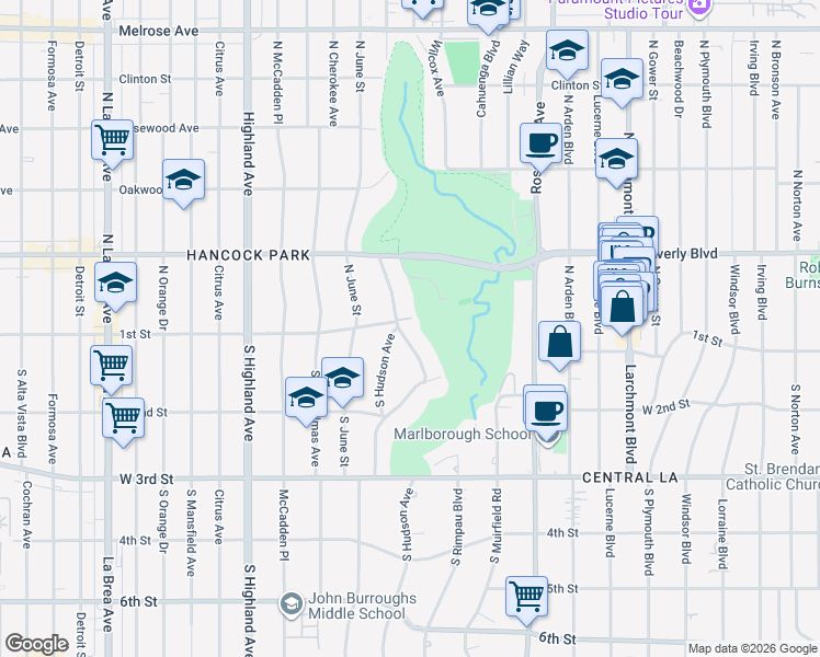 map of restaurants, bars, coffee shops, grocery stores, and more near 100 Hudson Place in Los Angeles