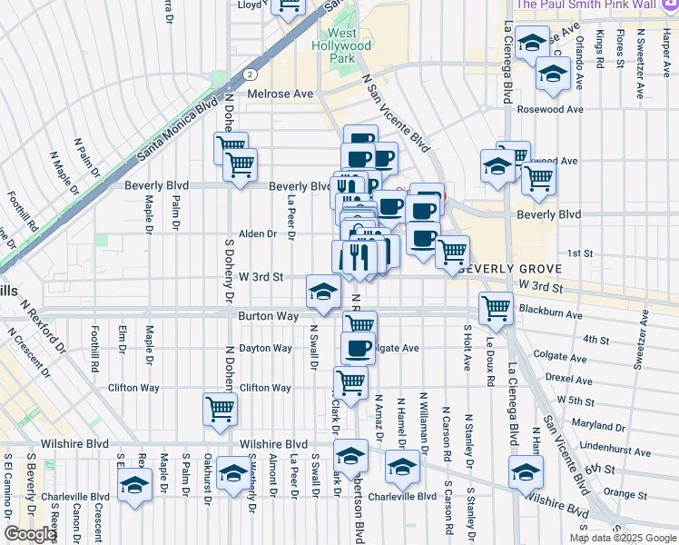 map of restaurants, bars, coffee shops, grocery stores, and more near 142 South Clark Drive in West Hollywood