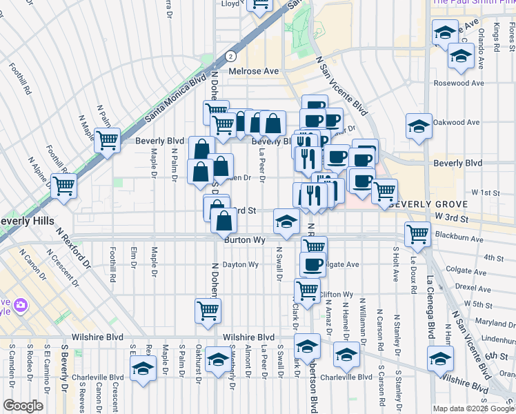 map of restaurants, bars, coffee shops, grocery stores, and more near 142 South Almont Drive in Los Angeles