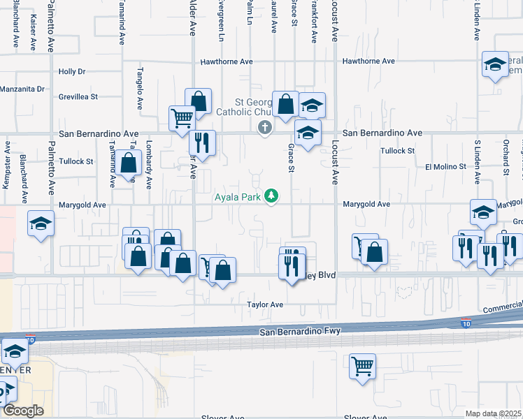 map of restaurants, bars, coffee shops, grocery stores, and more near 17897 Marygold Avenue in Bloomington