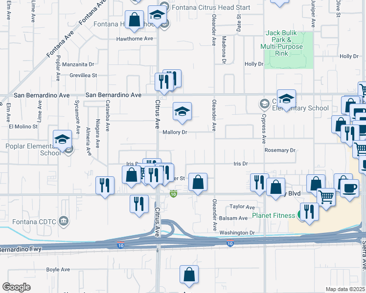 map of restaurants, bars, coffee shops, grocery stores, and more near 9914 Lemon Ave in Fontana