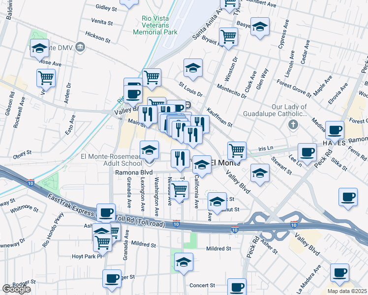 map of restaurants, bars, coffee shops, grocery stores, and more near 10940 Main Street in El Monte