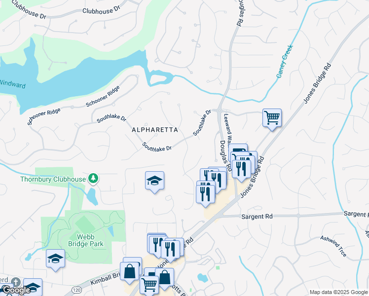 map of restaurants, bars, coffee shops, grocery stores, and more near 6205 Bannerhorn Run in Alpharetta