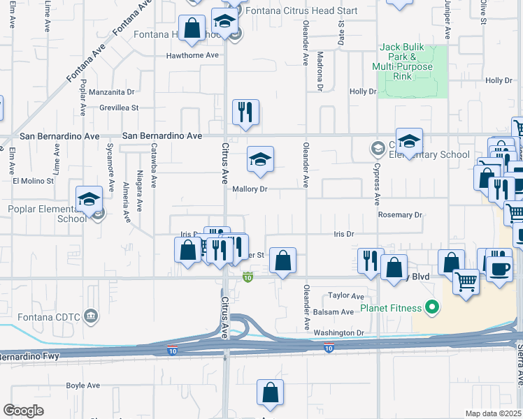 map of restaurants, bars, coffee shops, grocery stores, and more near 9914 Lemon Avenue in Fontana