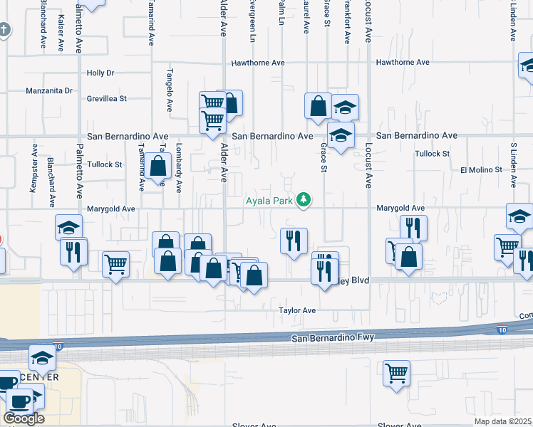 map of restaurants, bars, coffee shops, grocery stores, and more near 17817 Marygold Avenue in Bloomington