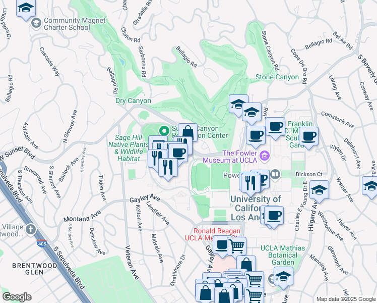 map of restaurants, bars, coffee shops, grocery stores, and more near 200 De Neve Drive in Los Angeles