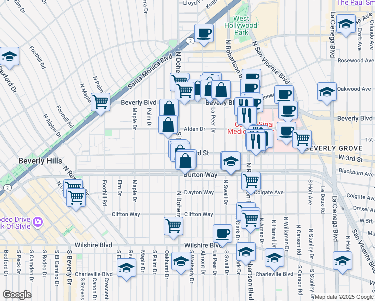 map of restaurants, bars, coffee shops, grocery stores, and more near 147 South Wetherly Drive in Los Angeles
