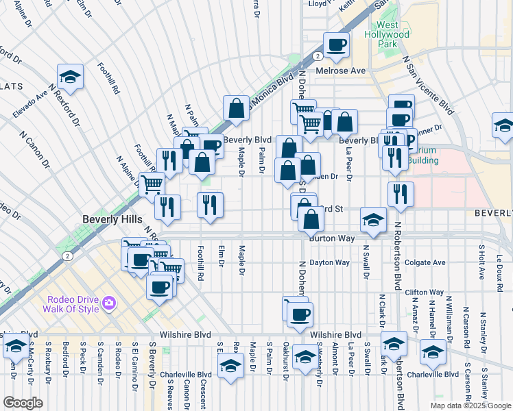 map of restaurants, bars, coffee shops, grocery stores, and more near 333 North Palm Drive in Beverly Hills