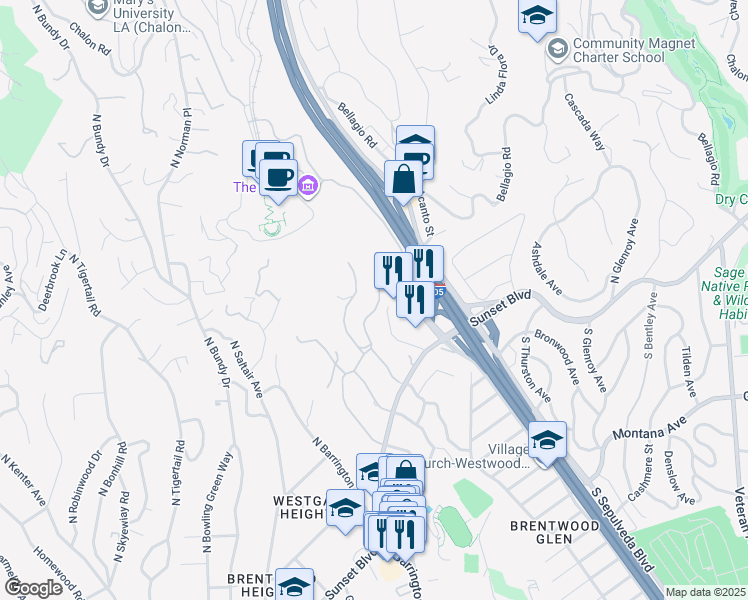 map of restaurants, bars, coffee shops, grocery stores, and more near 361 North Gunston Drive in Los Angeles