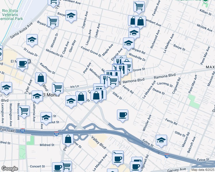 map of restaurants, bars, coffee shops, grocery stores, and more near 11520 Ramona Boulevard in El Monte