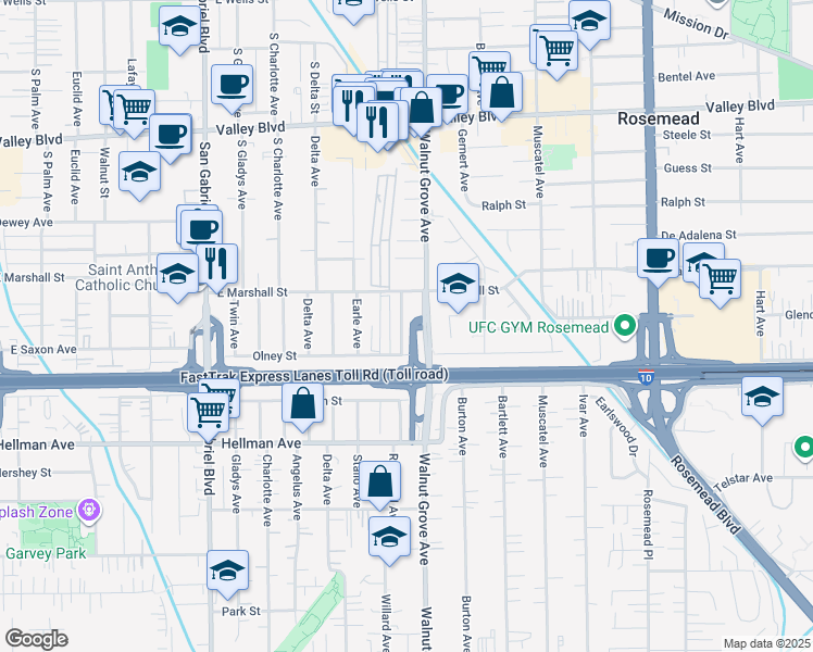 map of restaurants, bars, coffee shops, grocery stores, and more near 3632 Rockhold Avenue in Rosemead