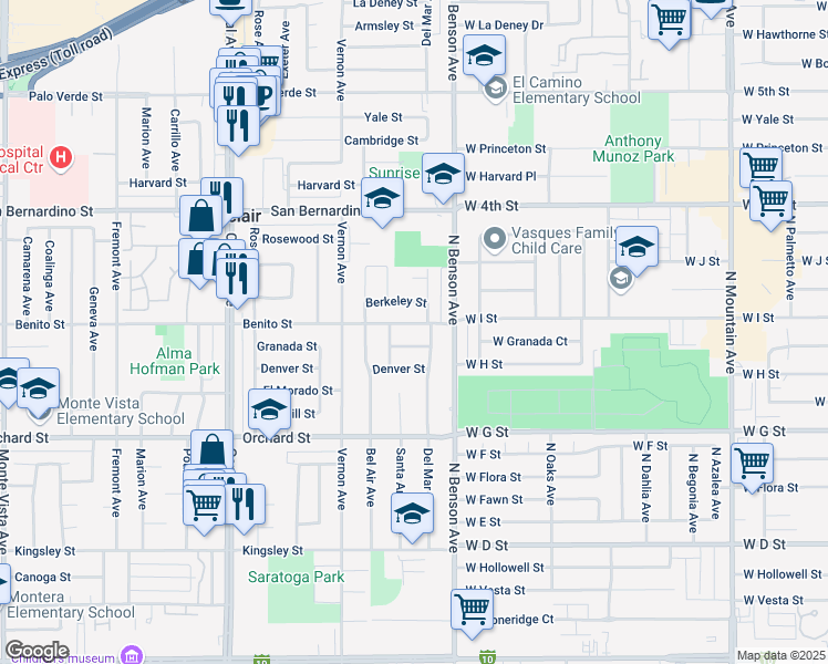 map of restaurants, bars, coffee shops, grocery stores, and more near 5627 Benito Street in Montclair