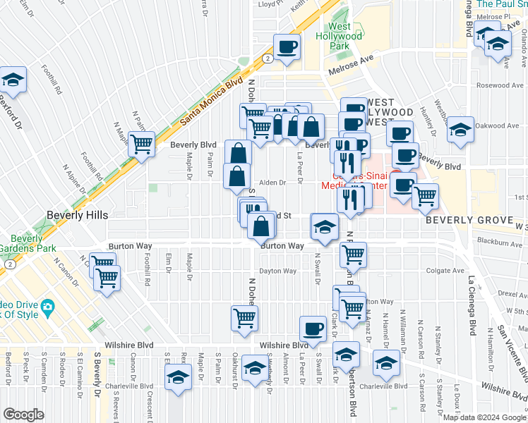 map of restaurants, bars, coffee shops, grocery stores, and more near 9025 West 3rd Street in Los Angeles