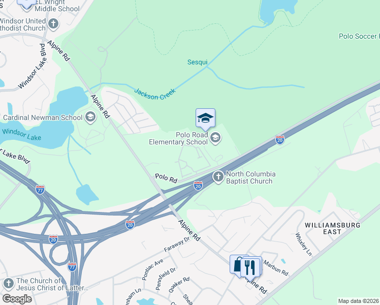 map of restaurants, bars, coffee shops, grocery stores, and more near 1270 Polo Road in Columbia