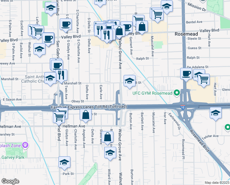 map of restaurants, bars, coffee shops, grocery stores, and more near 3632 Rockhold Avenue in Rosemead