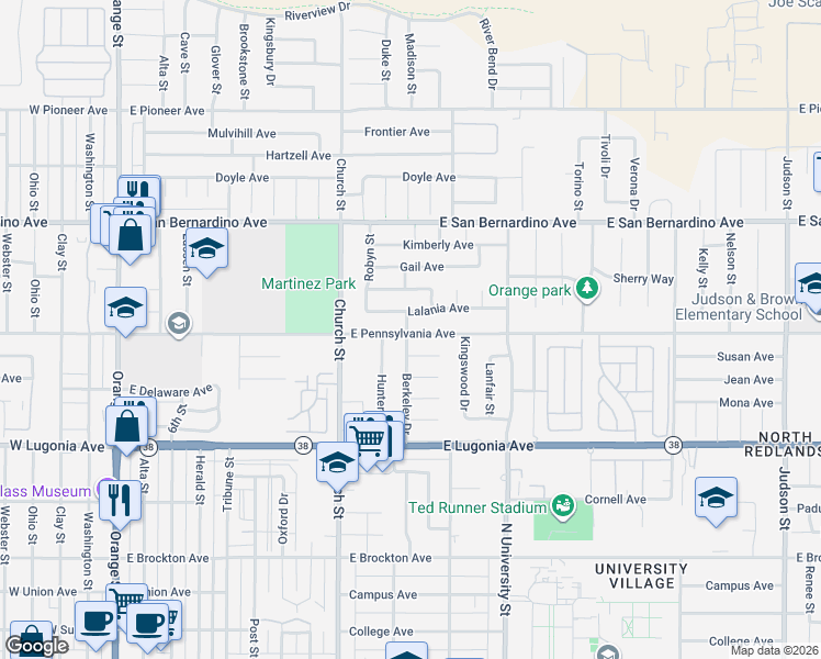 map of restaurants, bars, coffee shops, grocery stores, and more near 1502 Berkeley Drive in Redlands