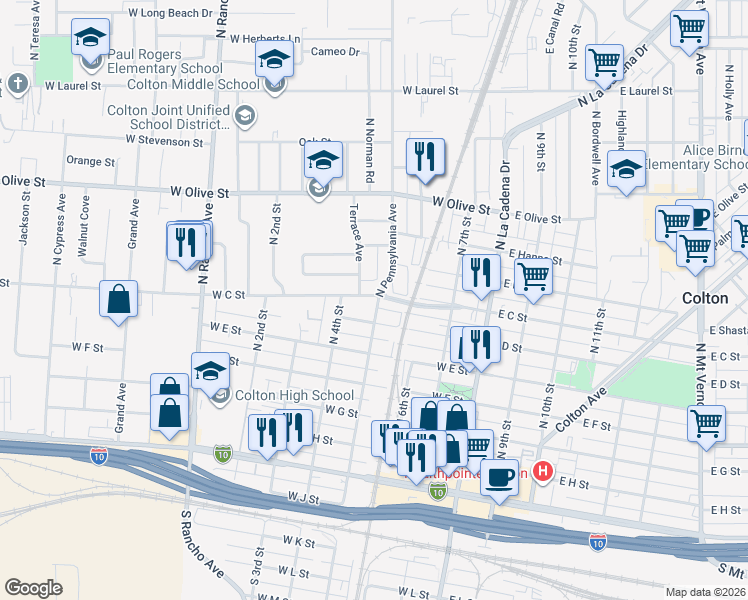 map of restaurants, bars, coffee shops, grocery stores, and more near 444 West C Street in Colton