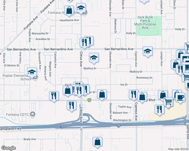 map of restaurants, bars, coffee shops, grocery stores, and more near 9914 Lemon Avenue in Fontana