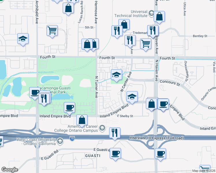 map of restaurants, bars, coffee shops, grocery stores, and more near 956 Hermosa Avenue in Ontario
