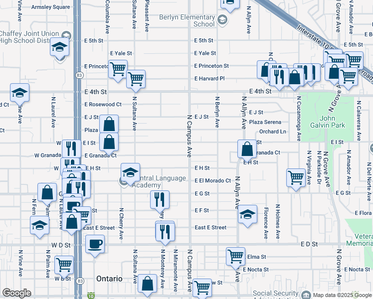 map of restaurants, bars, coffee shops, grocery stores, and more near 656 East I Street in Ontario