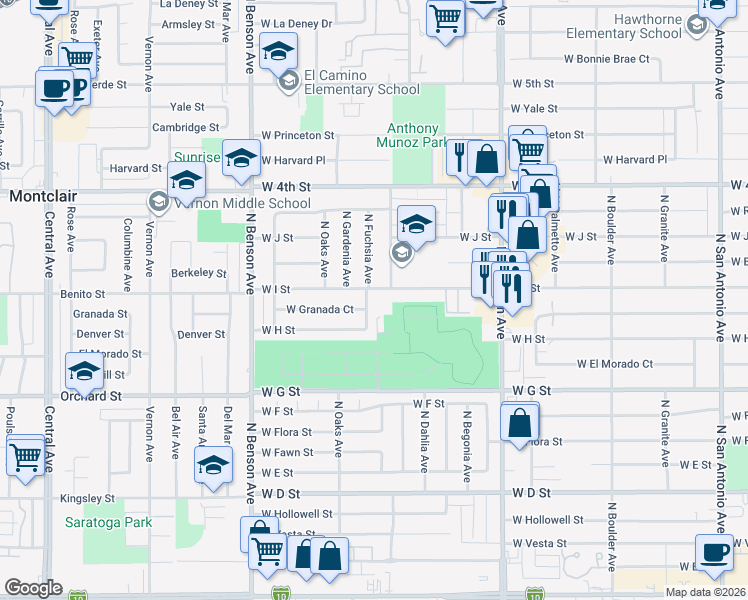 map of restaurants, bars, coffee shops, grocery stores, and more near 1301 West I Street in Ontario
