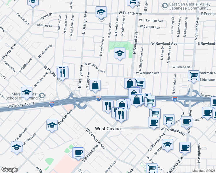 map of restaurants, bars, coffee shops, grocery stores, and more near 1540 Dennis Place in West Covina