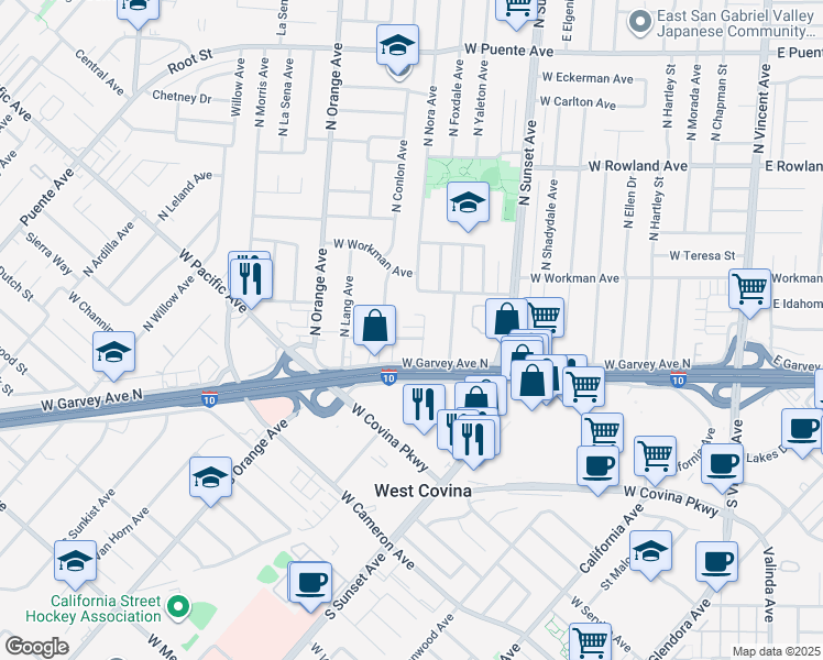 map of restaurants, bars, coffee shops, grocery stores, and more near 1540 Dennis Place in West Covina