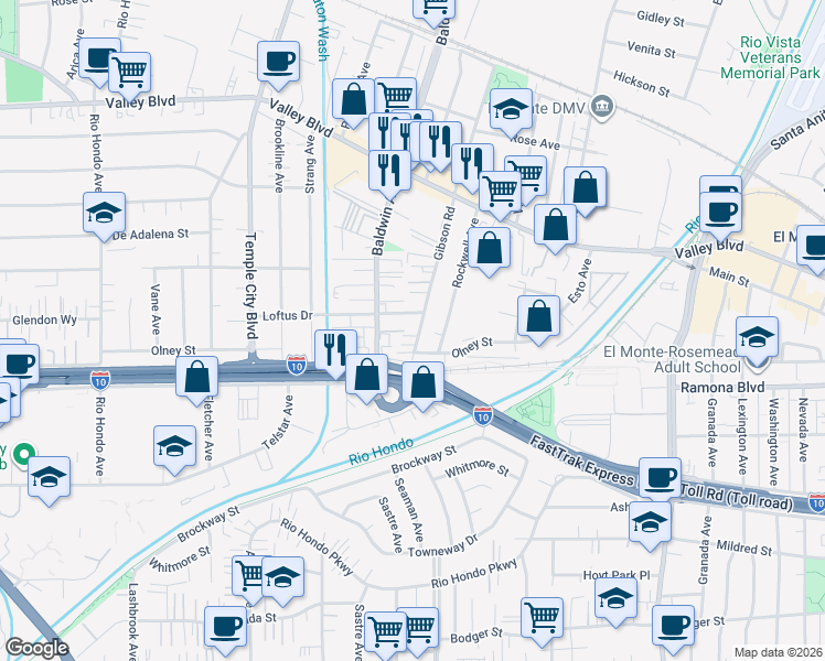 map of restaurants, bars, coffee shops, grocery stores, and more near in El Monte