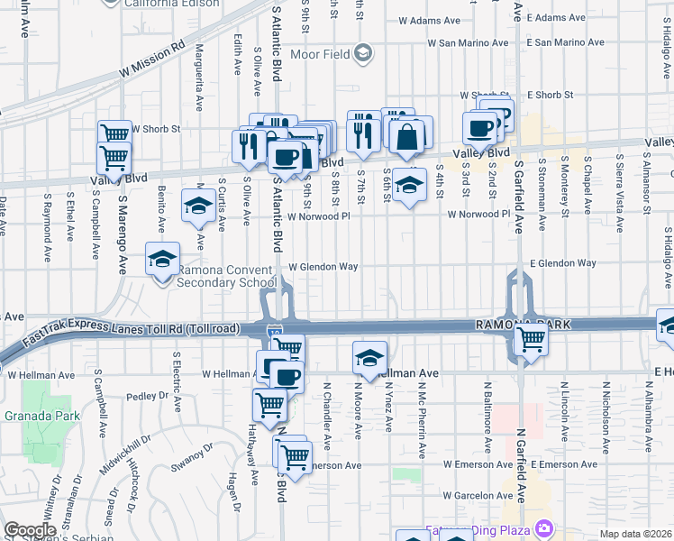 map of restaurants, bars, coffee shops, grocery stores, and more near 709 West Glendon Way in Alhambra